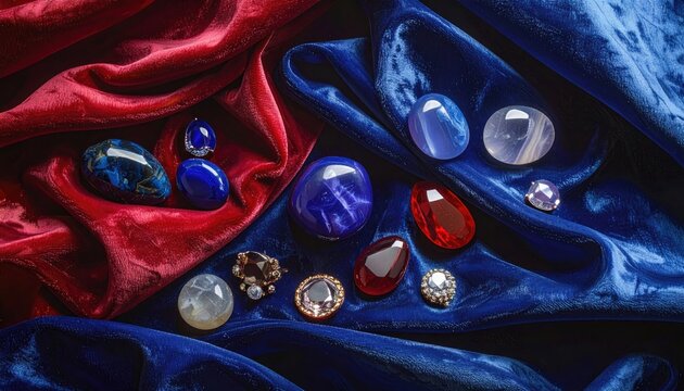 Richly colored velvet drapes showcase a collection of lustrous, polished gemstones and jewelry