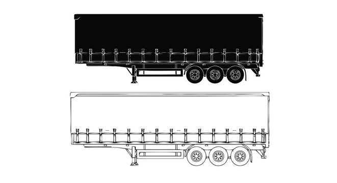 Vector illustration of curtainside semitrailer vector illustration, black silhouette and outline, on a transparent background