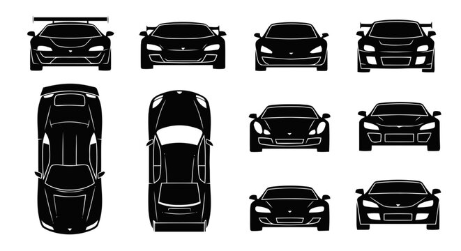 Vector illustration of set of sports car silhouettes, front and top view of supercars on a transparent background
