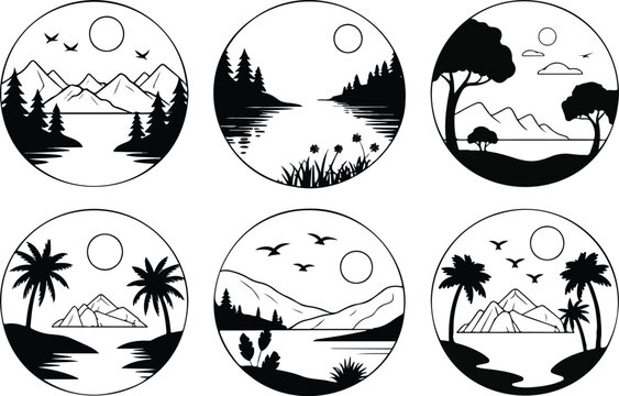 Colorful sunset landscape vector collection featuring bird silhouettes scenic horizons and peaceful natural environment illustrations