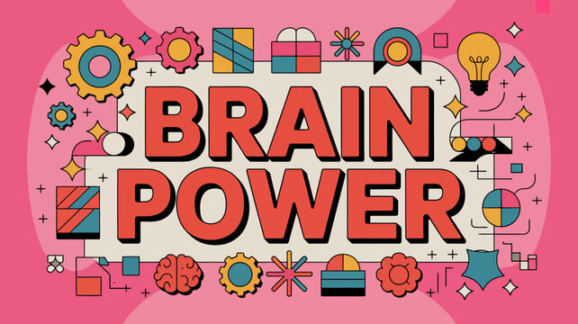 Brain power illustration with gears lightbulbs and geometric shapes on a pink background high quality professional