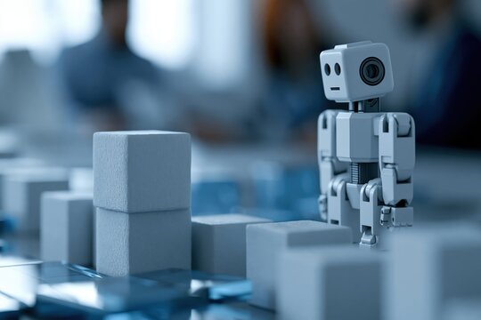 Humanoid robot automating repetitive business tasks with human strategists in background