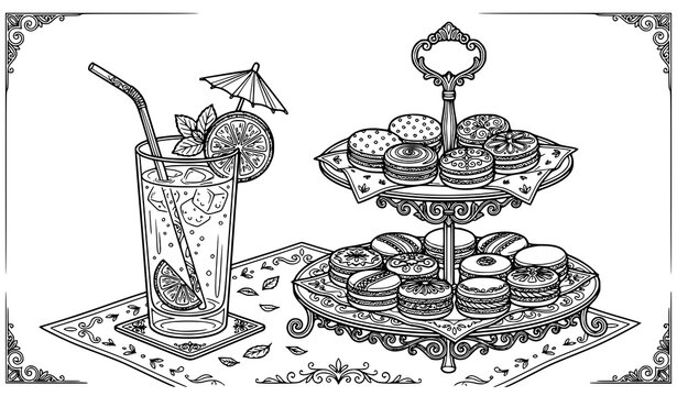 Elegant lemonade glass with macaroons stand black and white vector illustration minimal coloring page design