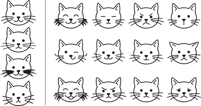 Cartoon cat faces collection, cute feline expressions, happy sad angry cats, whisker icons, animal silhouette design, black outline illustration art