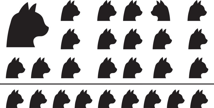 Cat head silhouettes collection, feline icons, pet design, animal shadow, black cat pattern, kitty face art, domestic cat illustration