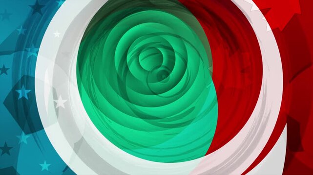 Soccer ball on creative swirl background with national flag elements of USA, Mexico, and Canada. 2026 world football tournament motion design. Seamless loop. Video animation Ultra HD 4K 3840x2160