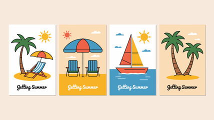 Summer themed poster set with beach chair sailboat palm trees and parasol vector illustration high quality © Nargis