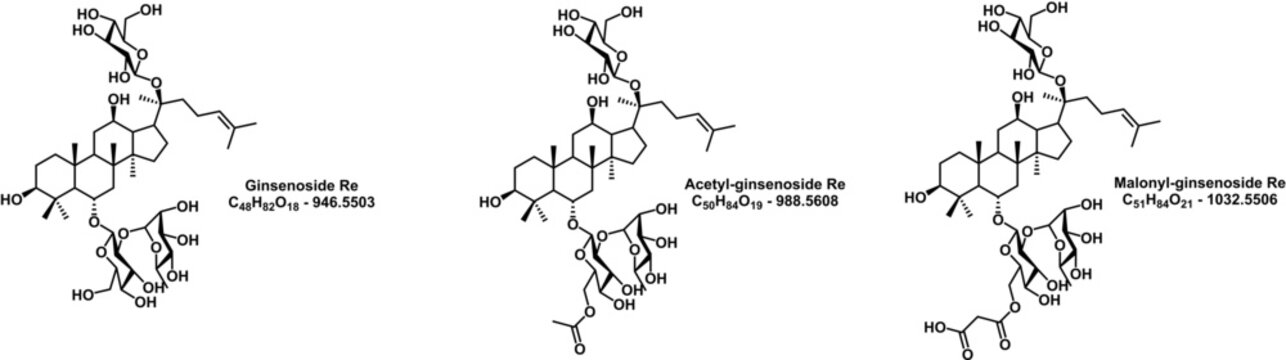 These are the oragnic structures of saponin compounds isolated from korea ginseng (panax ginseng).