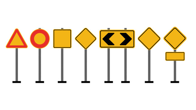 Collection of colorful road signs with metal poles on a white background high quality professional detailed