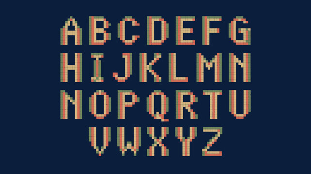 Pixelated alphabet letters from a to z stylized font in a retro 8 bit aesthetic on a dark background