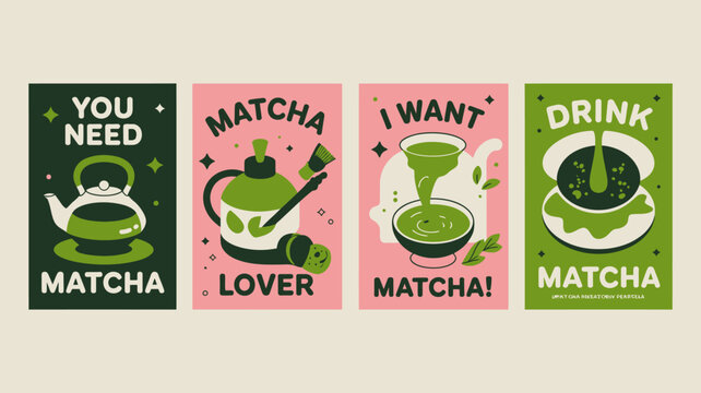 Four vibrant matcha tea posters with teapots whisks and cups in a retro style high quality