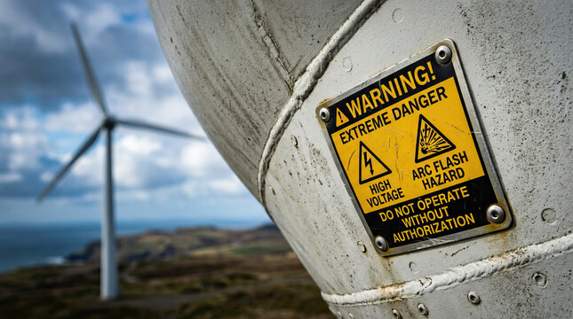 Warning sign on wind turbine with high voltage and arc flash hazard caution, emphasizing extreme danger and safety in renewable energy environment