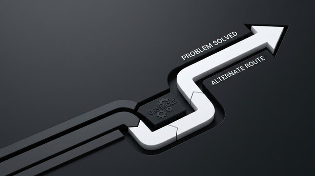 Alternate route problem solved obstacle concept with white arrow rerouted around black obstacle block on dark background