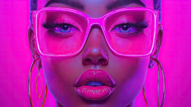 Portrait closeup emphasizes striking neon pink light illuminating facial features and large eyewear