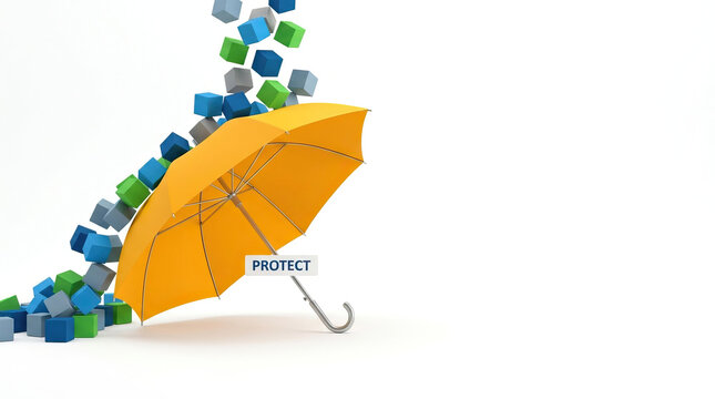 Umbrella protecting colorful falling blocks, symbolizing protection and security in conceptual design with bright yellow umbrella and scattered blue, green, and gray cubes