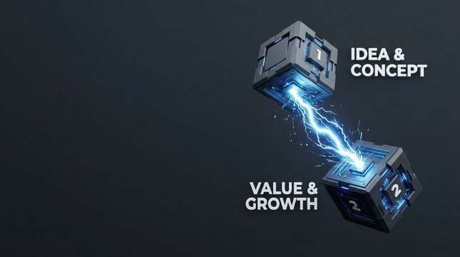 Idea concept and value growth connection with futuristic cubes and electric spark, symbolizing innovation and development in technology and business