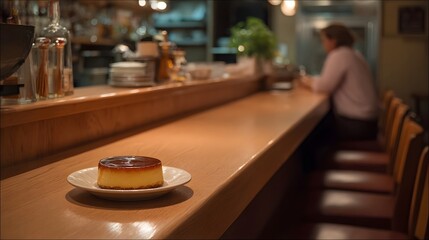 Fototapeta premium A caramel dessert plate rests on a warm wooden bar counter in a cozy professional dining setting