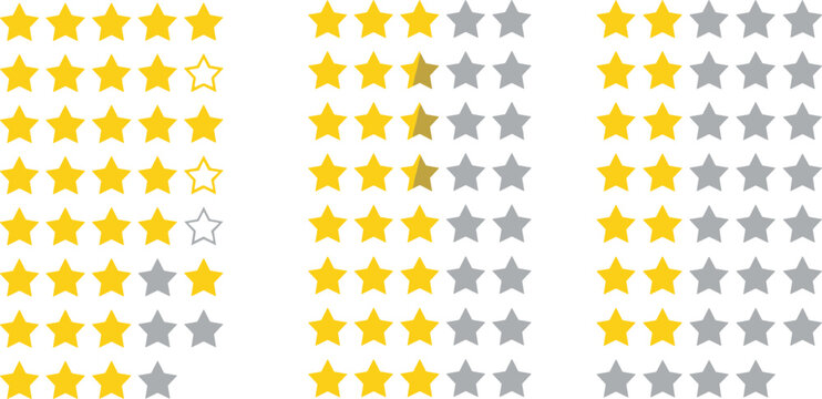 Star rating scales collection with five star review levels, customer feedback and evaluation symbols isolated on white background vector illustration set