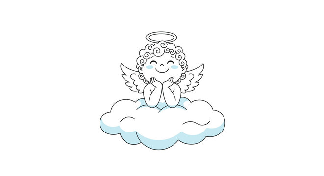 Adorable illustration of a tiny baby angel with curly hair and a halo sitting on a fluffy white cloud with a blissful smile on its face.