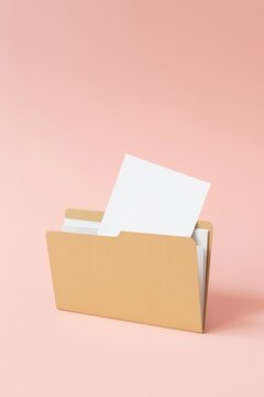 Manila file folder with blank white paper on a pastel pink background. Minimalist office stationery mockup. Copy space for text