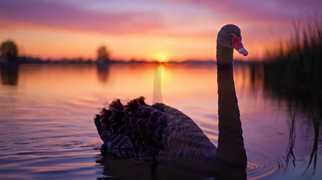 Majestic Black Swan Swimming On A Peaceful Lake At Sunset With Vibrant Orange And Water Reflections