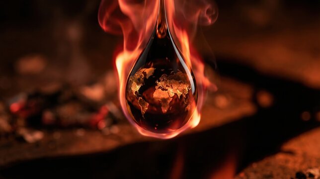 A world map within a teardrop shape surrounded by flames, symbolizing climate change or global warming