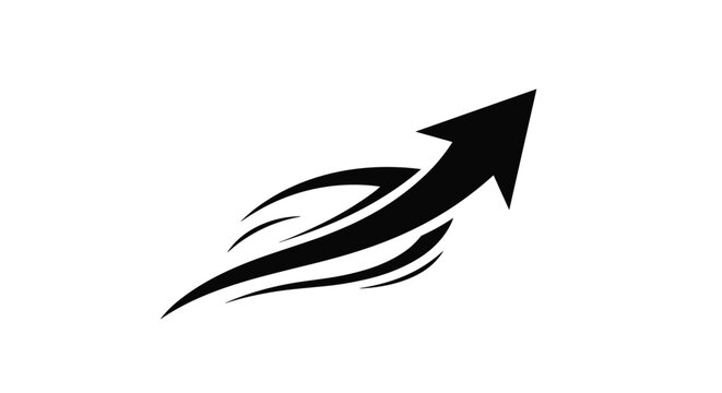 Dynamic black graphic of a sharp arrow pointing diagonally upwards with sleek speed lines, symbolizing growth, progress, and success.