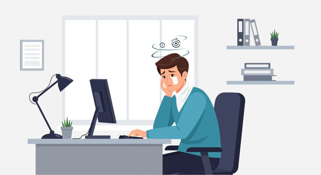 Emotional Workload: Depressed Man Experiencing Stress and Discomfort at Office Desk