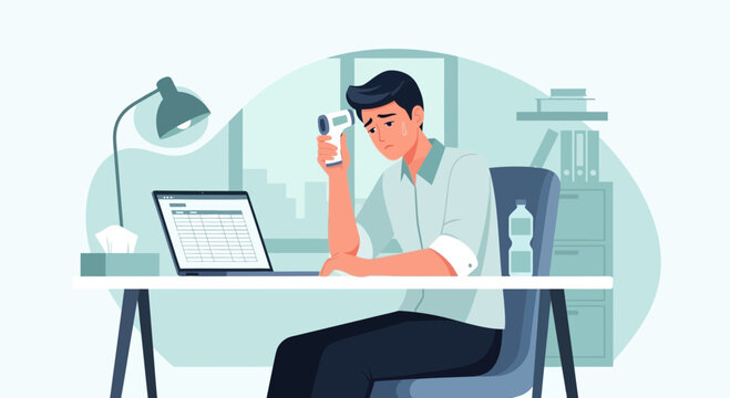 Employee Suffering From Illness Checks Temperature With Infrared Thermometer At The Office