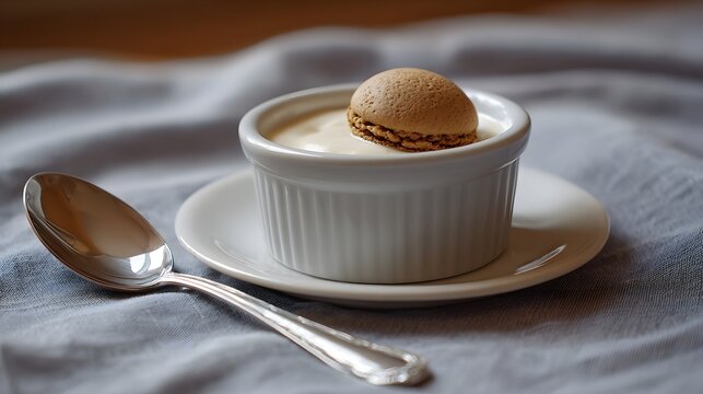 Creamy dessert and aron served in a white ramekin on a draped linen textile accompanied by a reflective silver spoon