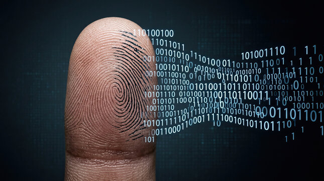 Close up of human fingerprint with digital binary code overlay symbolizing biometric security and data protection in technology