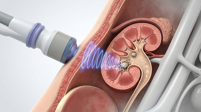 Kidney stone treatment with ultrasound waves targeting kidney stone inside human body, medical therapy concept for kidney health and stone removal