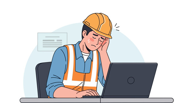 Engineer Facing Work Struggles Expressing Stress and Strain With Laptop Computer at Desk