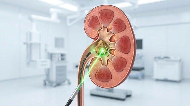 Laser treatment targeting kidney stone inside human kidney, medical concept of lithotripsy procedure breaking stone with green laser in clinical environment