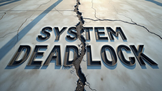 Large dimensional typography across fractured pale terrain illustrating entrenched bureaucratic obstruction and collapse of operational governance systems
