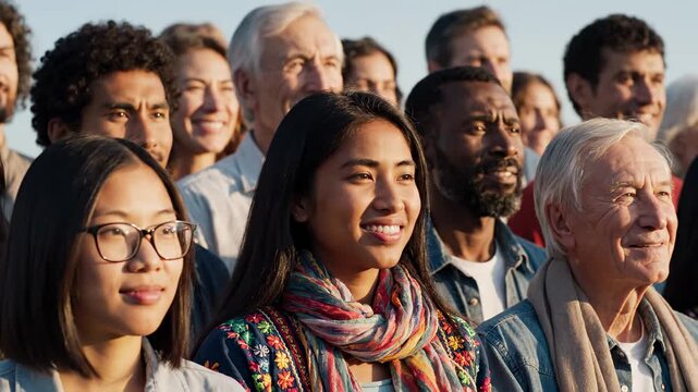 This captures a heartwarming moment of a diverse group of people from various age groups smiling and looking up together, showcasing age diversity and community spirit in a joyful and vibrant setting.