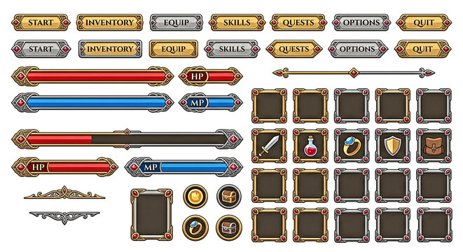 Fantasy RPG Game UI Kit with Buttons HP MP Bars Inventory and Icons
