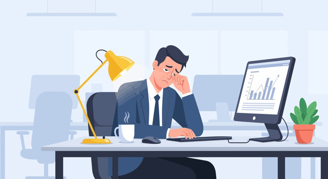 Exhausted Businessman Frustrated and Tired at Desk in Contemporary Office Setting