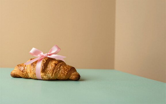 Golden croissant tied with pink ribbon resting on mint green surface.