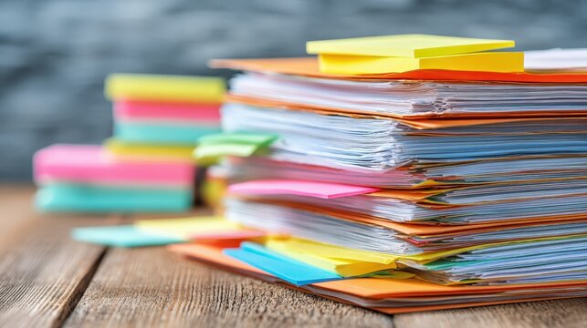 Organized Paperwork and Files Stacked on Desk