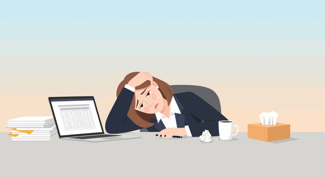 Exhausted Businesswoman Overwhelmed by Work Struggles at Her Office Desk