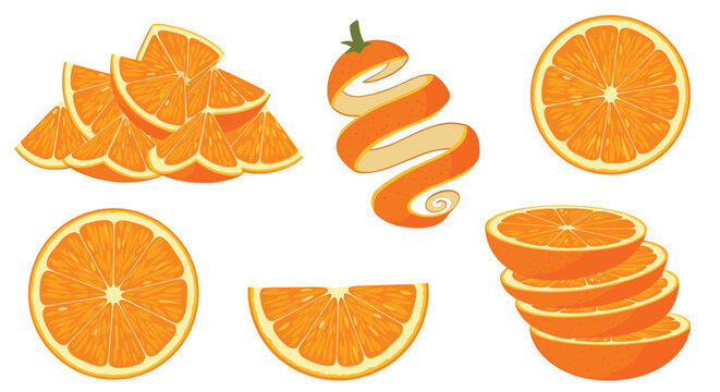 Collection of fresh orange segments and citrus fruit slices featuring a spiral of orange peel on a white background.