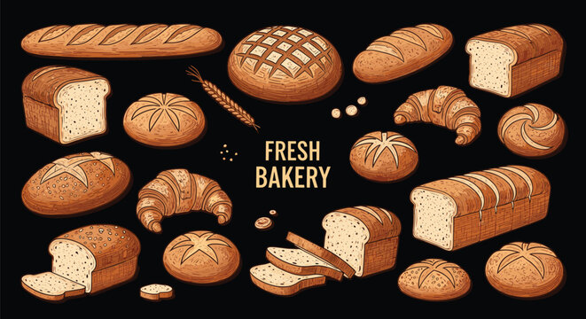 Extensive collection of freshly baked bread varieties including baguettes, loaves, croissants, and buns, illustrated on a black background.