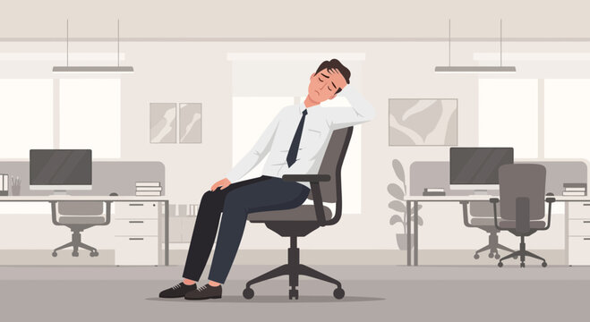 Exhausted Employee In Office Space, Facing Burnout, Work Stress, Tired Business Person