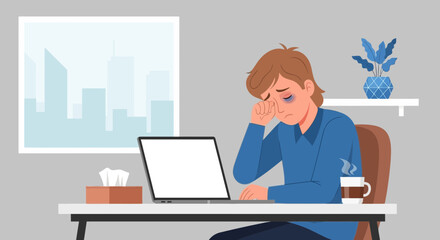 Obraz premium Exhausted Man At His Desk, Working Overtime, Rubbing His Eyes, Laptop on Desk