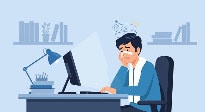 Exhausted Man Overworked At Desk, Experiencing Dizziness and Illness, Illustration.