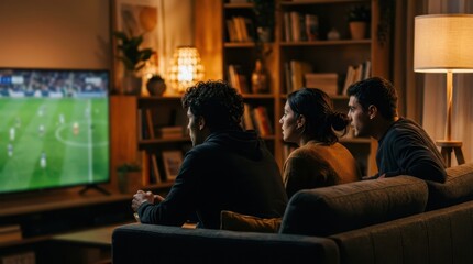 Fototapeta premium Three friends on a sofa, seen from the side, intensely watching a blurred soccer match on TV. Captures tension and concentration.