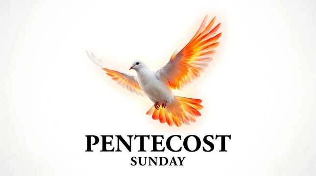 White dove flying with orange flame wings against gradient background for Pentecost Sunday