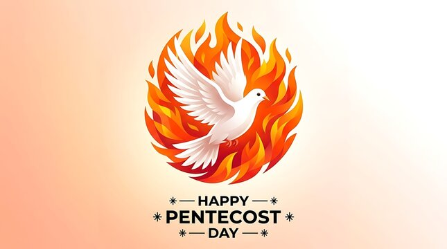 White dove with flames flying over happy pentecost day greeting on warm background