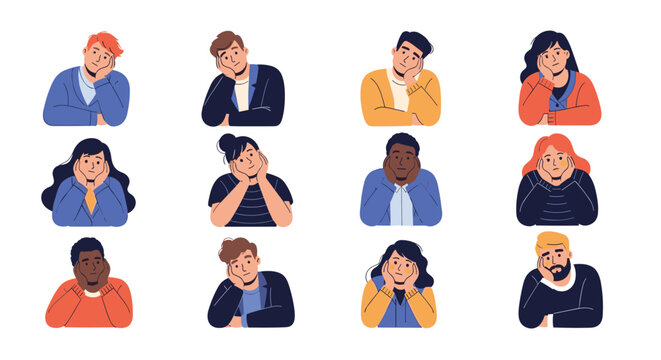 Grid of various people showing expressions of boredom and deep thought while resting their heads on their hands.